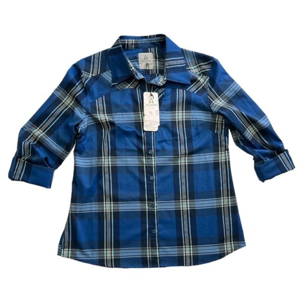 ASCEND WOMEN’S NWT BLUE WHITE PLAID BUTTON DOWN ROLL TAB SLEEVE SZ M